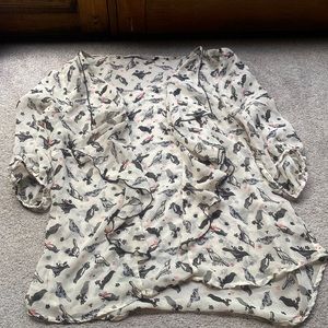 flowy sheer blouse with bird pattern